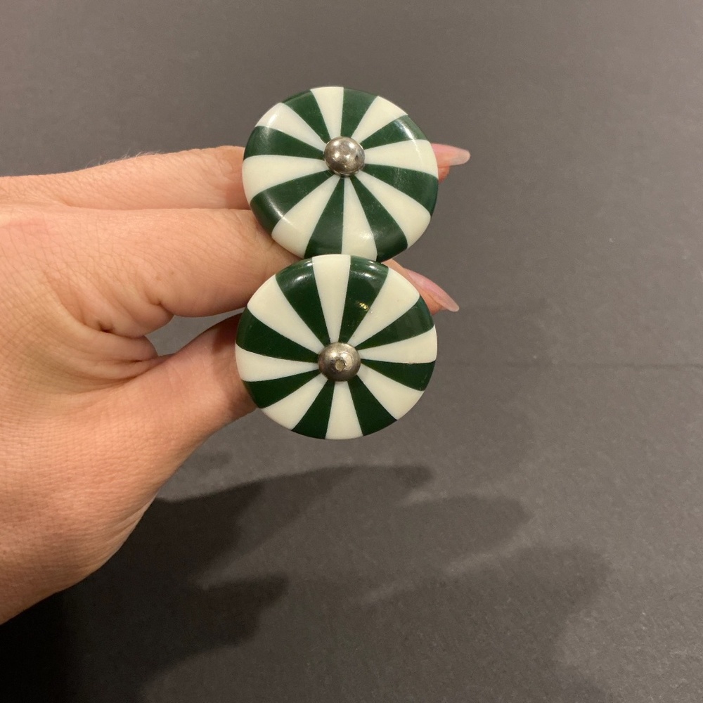 Vintage Green & White Striped Ceramic Drawer Knobs Cabinet Hardware Set of 2 - Picture 3 of 3